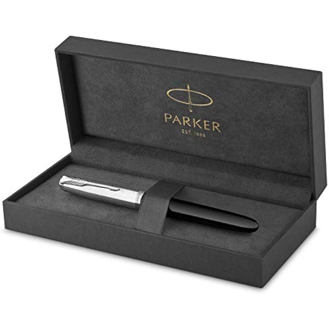 Parker 51 Fountain Pen | Black Barrel with Chrome Trim | Fine Nib with Black Ink Cartridge | Gift Box
