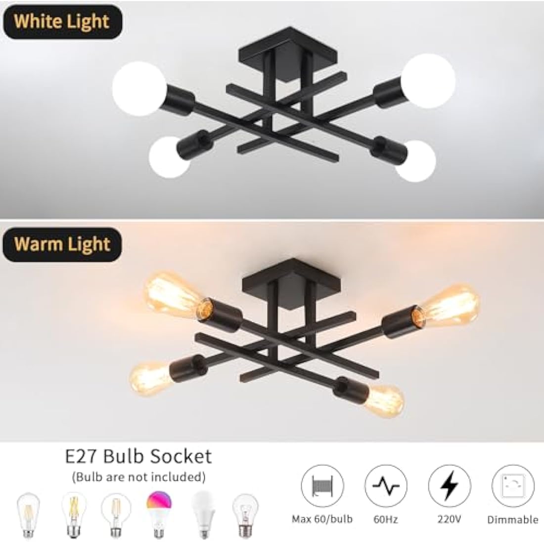 QAREHL Sputnik Ceiling Light, 4 Lights Black Ceiling Lights Living Room Modern Sputnik Chandelier for Bedroom, Dining Room, Kitchen, Hallway, Office, E27 Socket