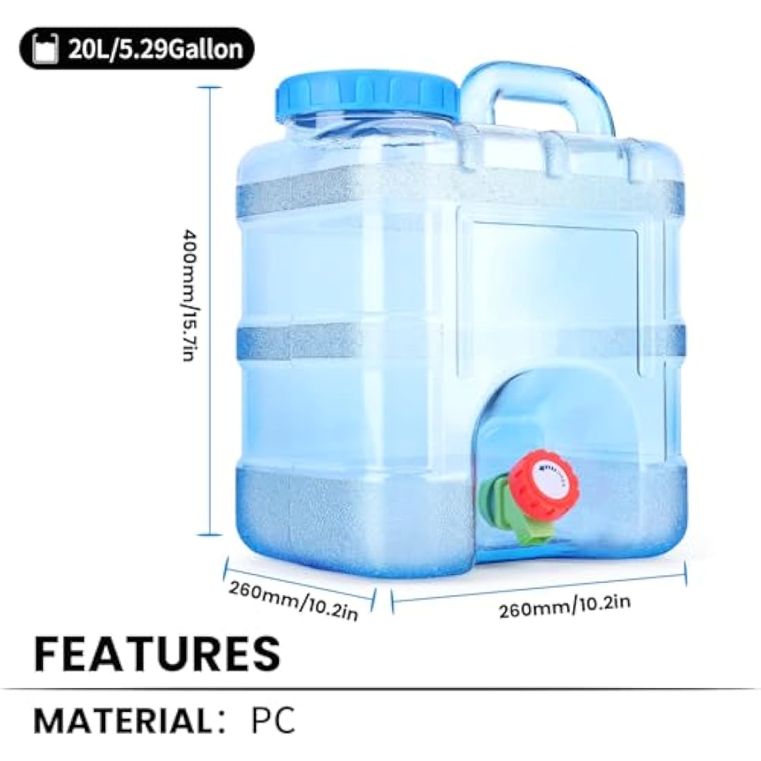 Starnearby 10/15/18/20/22L Water Container with Tap, Portable Plastic Water Bucket with Tap, Easy Clean BPA-Free Drink Water Carrier, for Camping Outdoor, Party, Van, RV, School, Hospital, Emergency