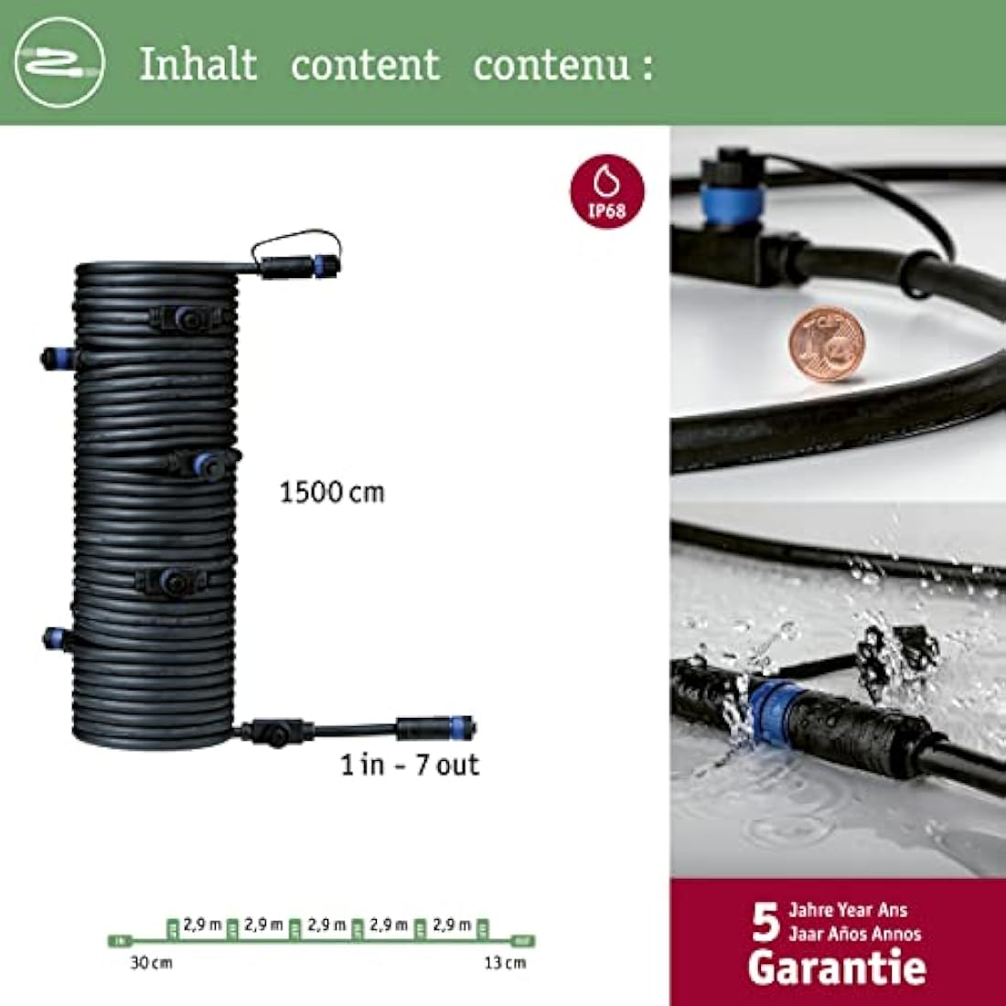 Paulmann 93931 Outdoor Plug & Shine Cable IP68 15m 1 in-7 Out 2x1,5mm² Black Plastic, 1500 x 1.5 x 1.5 cm