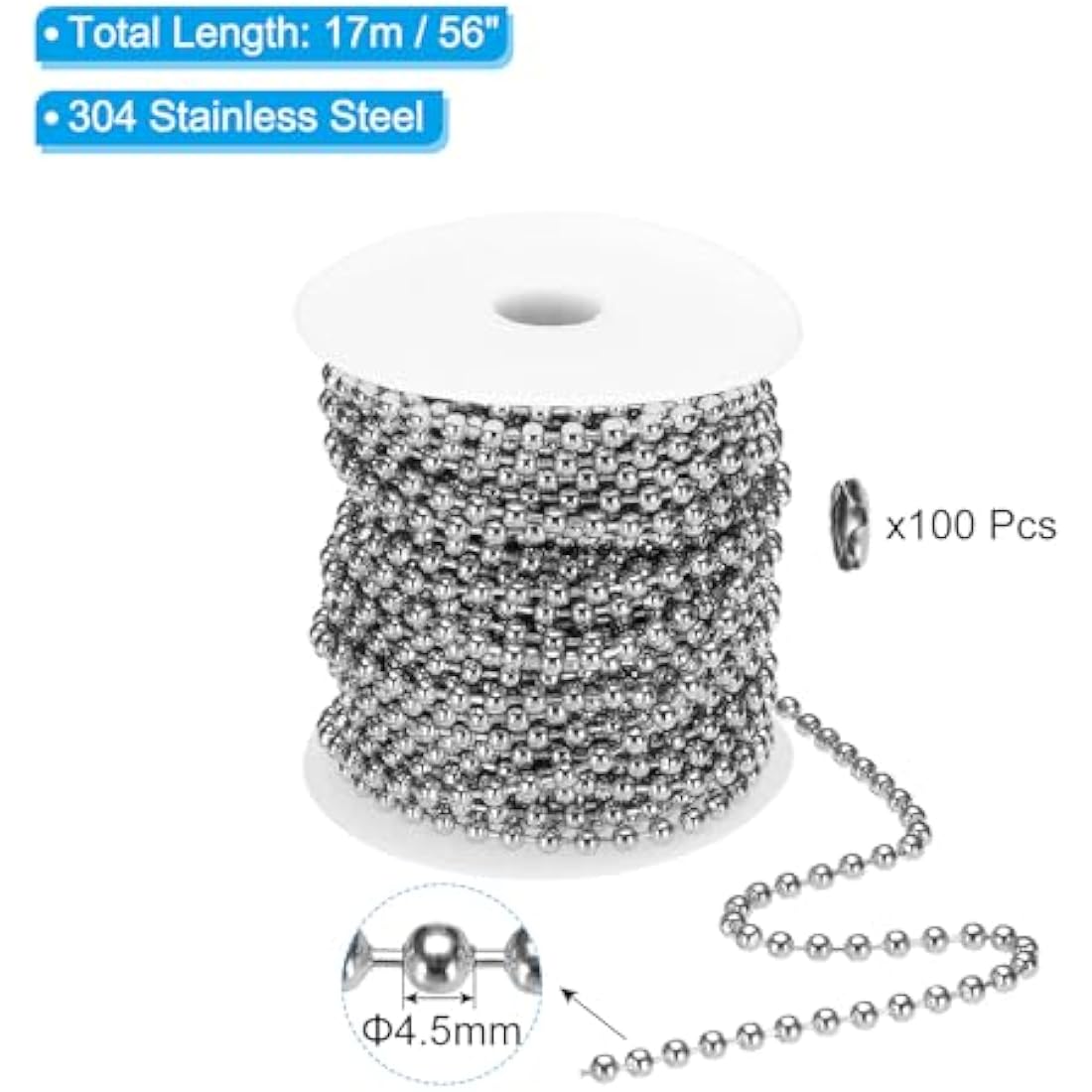 PATIKIL 4.5mm x 56ft 304 Stainless Steel Ball Chain, 1 Set Ball Chain Bead with 100 Pcs Matching Connector Clasp for Curtain Blind Pull, Tag Rings, DIY Crafts