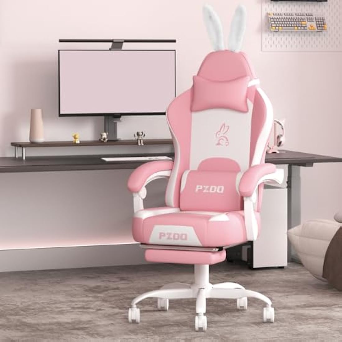 PZDO Pink Gaming Chair,High Back Computer Chair with Footrest, Kawaii Gaming Chairs for Girls Adults Women Kids, Reclining Chairs with Bunny Ear & Lumbar Support, Gift(Pink-White)