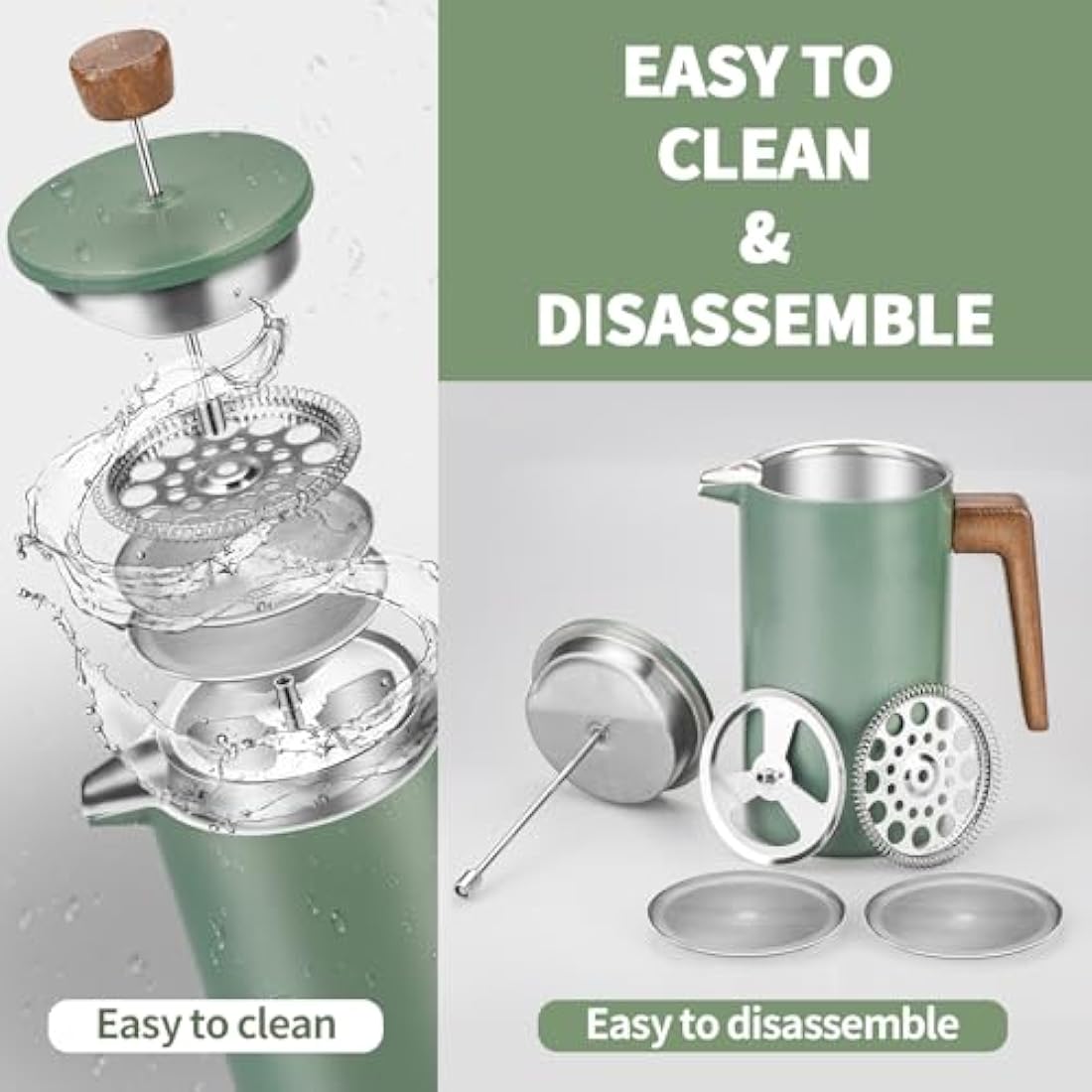 shoxil French Press Coffee Maker, 34oz Stainless Steel Green Coffee Press Real Wood Handle, Double Wall Insulated French Coffee Press with Dual-Filter Screen, Perfect for Camping & Kitchen Use