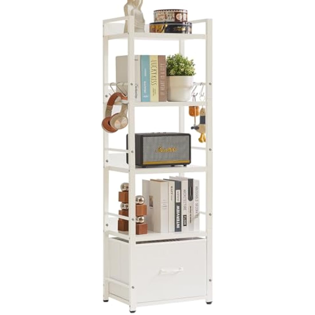 Aibiju Ladder Shelf, Bookshelf, 5 Tier Bookshelf with Drawer, Plant Stand, Living Room Bookcases for Living Room, Bedroom, Kitchen, Steel Frame,White YD-BC001W