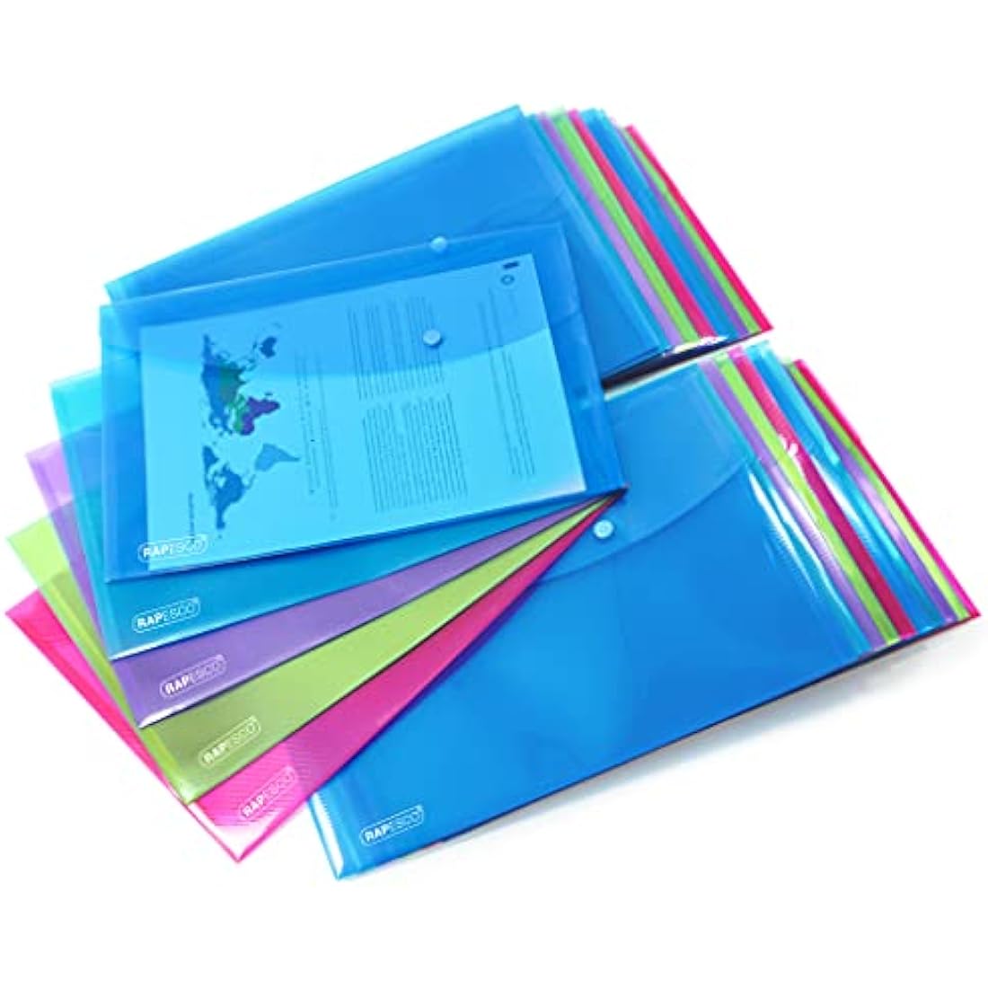 Rapesco 1678 ECO Recycled Popper Wallets, A4+, Assorted Bright Transparent Colours, Pack of 40