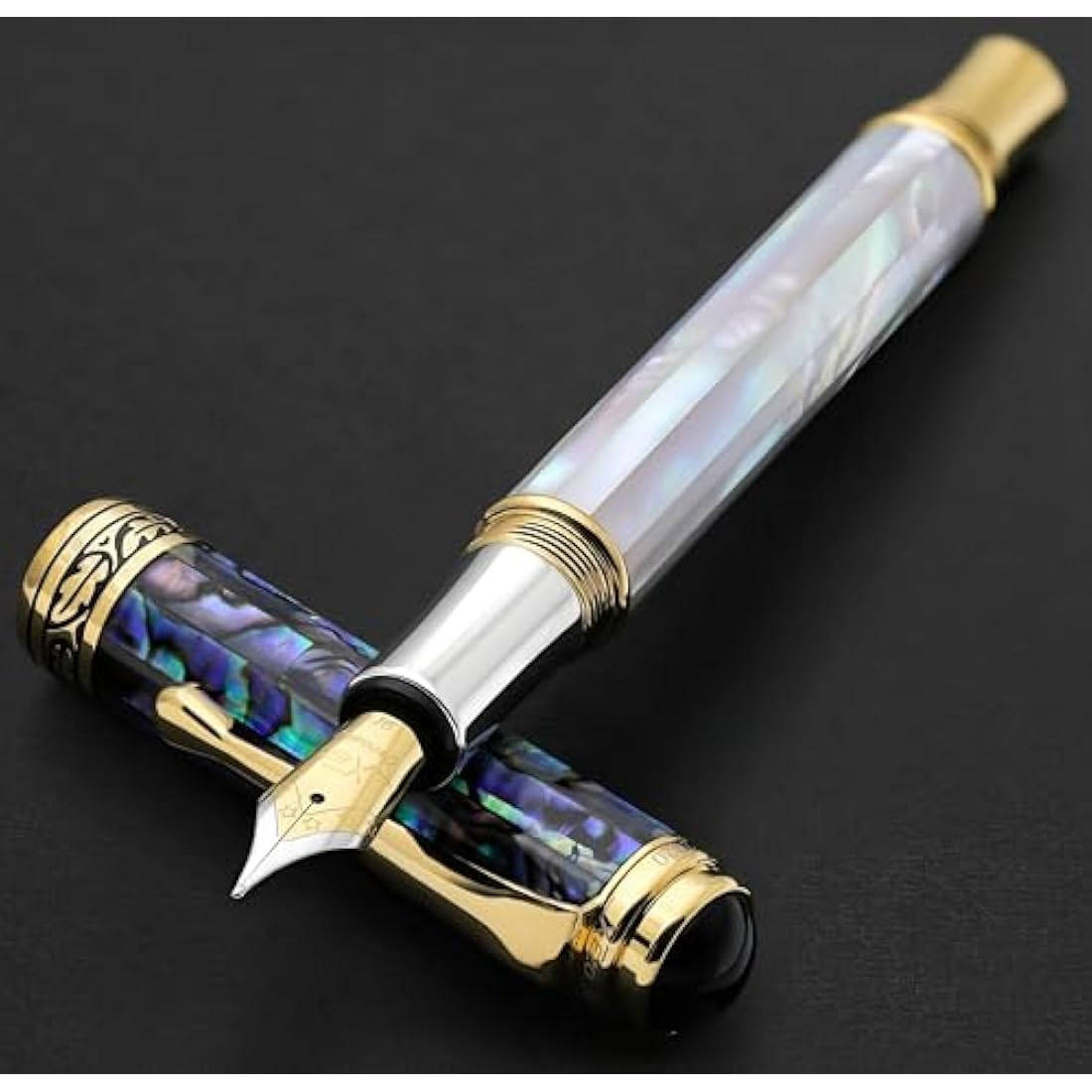 Xezo Maestro Fountain Pen, Medium Nib. Iridescent Oceanic Origin White Mother of Pearl and Pāua Sea Shell. 18 Karat Gold and Pure Platinum Plating. No Two Alike