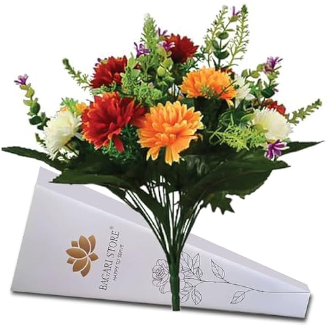Bagari 41cm Artificial Flowers for Graves- Fake Bunch with 16 Heads Large Mixed Ivory- Red-Orange Bush Flowers Delivery Next Day Prime- Plastic Fresh Bouquet for Outdoor & Indoor Events Wedding Party