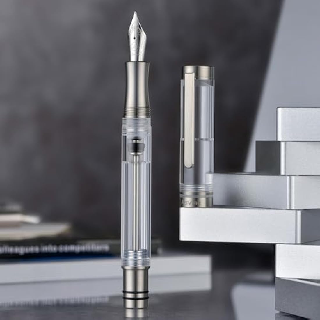 Asvine V200 Titanium Fountain Pen Vacuum Filling, Iridium Extra Fine Nib Clear Transparent Acrylic Smooth Writing Pen Case Set
