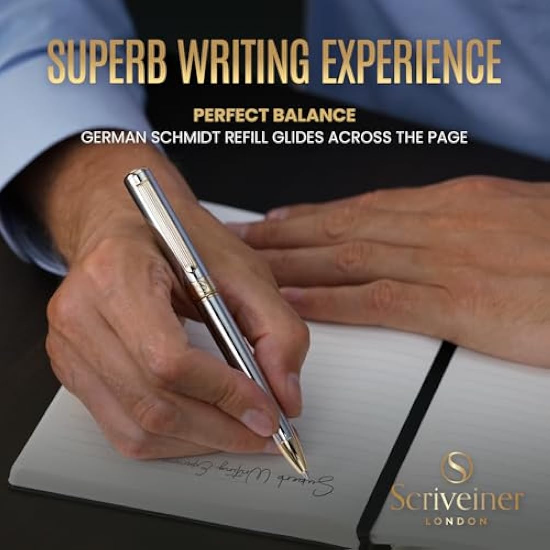 Scriveiner Silver Chrome Ballpoint - Stunning Luxury Pen, Real Gold Finish, Schmidt Black Refill, Best Ball Pen Gift Set for Men & Women, Professional, Executive, Office, Nice, Fancy Pens