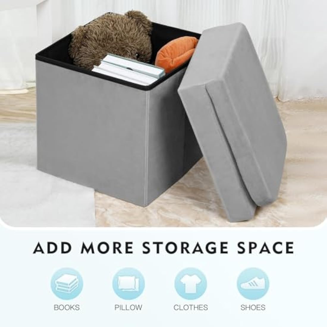 Bonlife Grey Folding Ottoman Storage Box with Seat Back Bedroom Chair Sturdy with Removable Lid 38x38x72cm