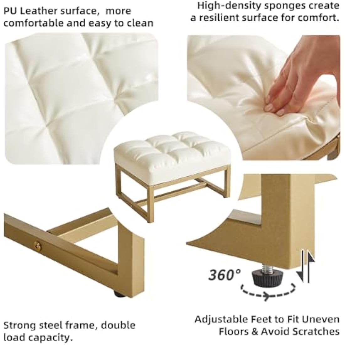 Aibiju Small Footstool Ottoman, Rectangle Faux Leather Footstool with Gold Metal Frame, Change Shoes Stool for Living Room, Bedroom, Entryway Office, White YD-JD139W