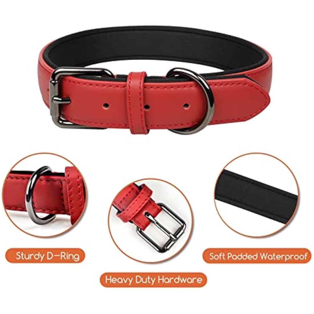 OFHome Dog Collar Leather Red Soft Padded Comfortable Adjustable Strong Pet Collars Best for Small Medium Large Dogs with Heavy Duty Buckle (Red, S)