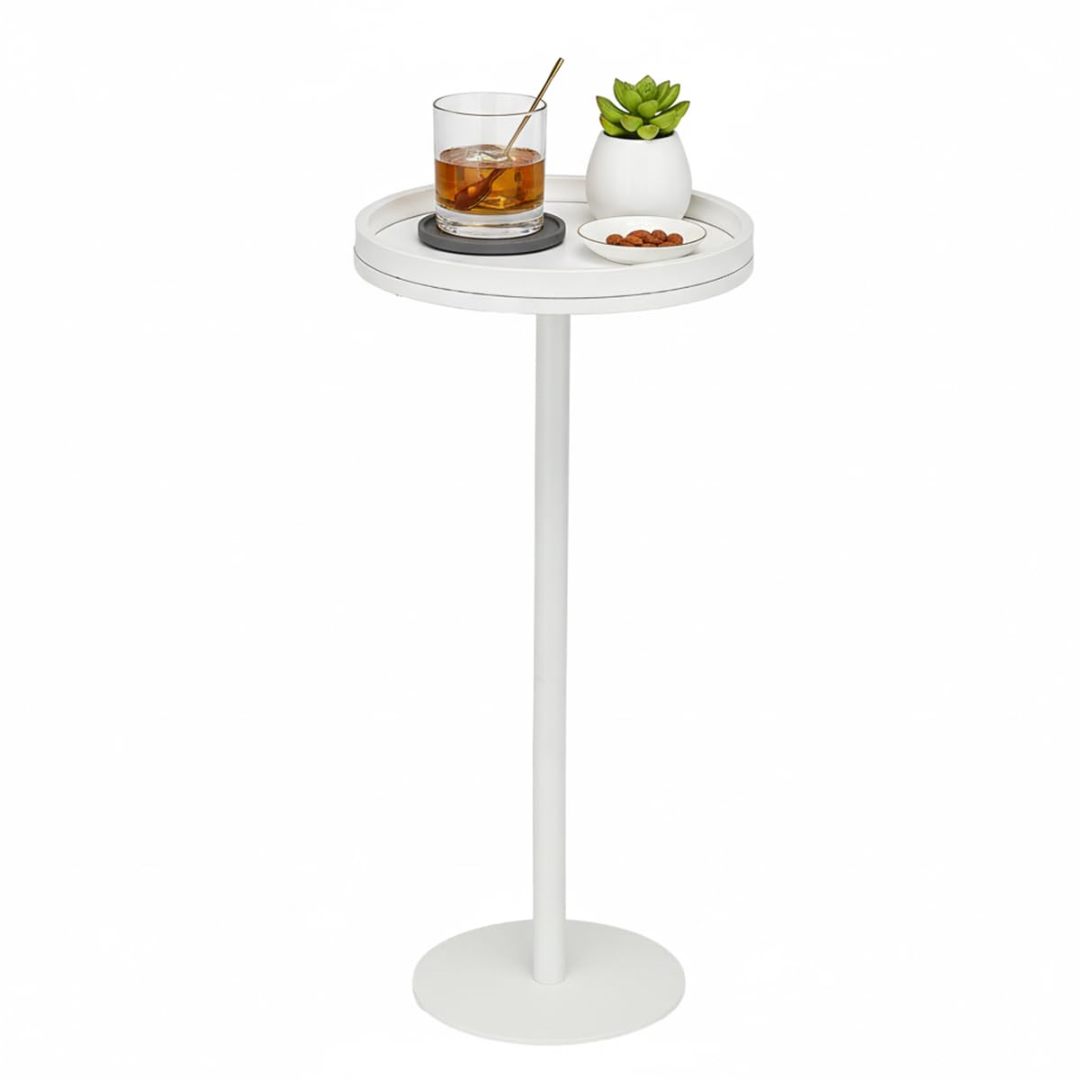 ZEXVIDA White Martini Table, Modern Small Round Side Table, Minimalist Metal & Wood Pedestal End Table with Weighted Base