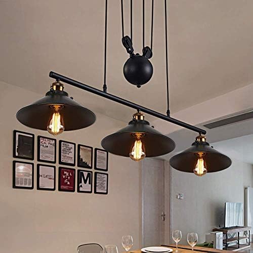 Industrial Vintage Pendant Light, Retro Pulley Suspended Rise and Fall Hangging Light E27 Antique Adjustable Black Metal Water Pipe Chandelier, Lamp for Kitchen Island Bar Hallway Dining Room