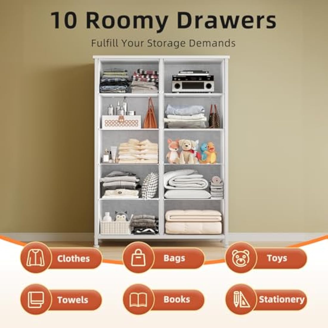 CAIYUN Chest of Drawers Bedroom with 10 Drawers, Tall Fabric Storage Organizer Clearance with Wood Top and Large Storage Space, for Bedroom, Living room, Entryway, Tv Stand, Closet, White