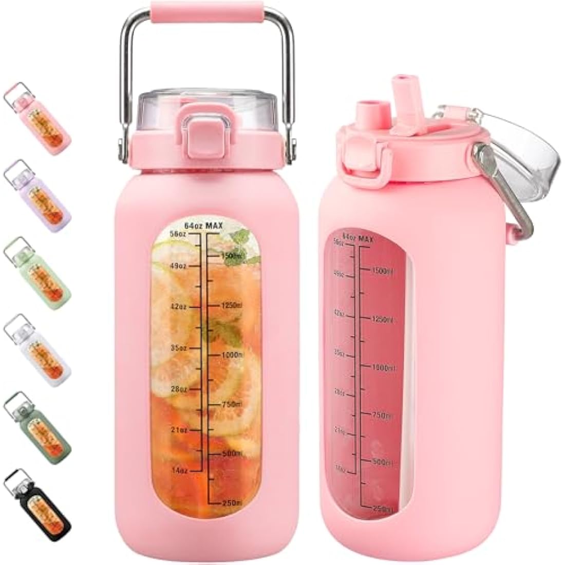 BLUEGO 2000ml Borosilicate Glass Water Bottle with Stainless Handle and Time Marker 2L Drinking Bottle with Silicone Sleeve and Straw for Gym Office Outdoor Sports Water Bottles BPA Free, Pink