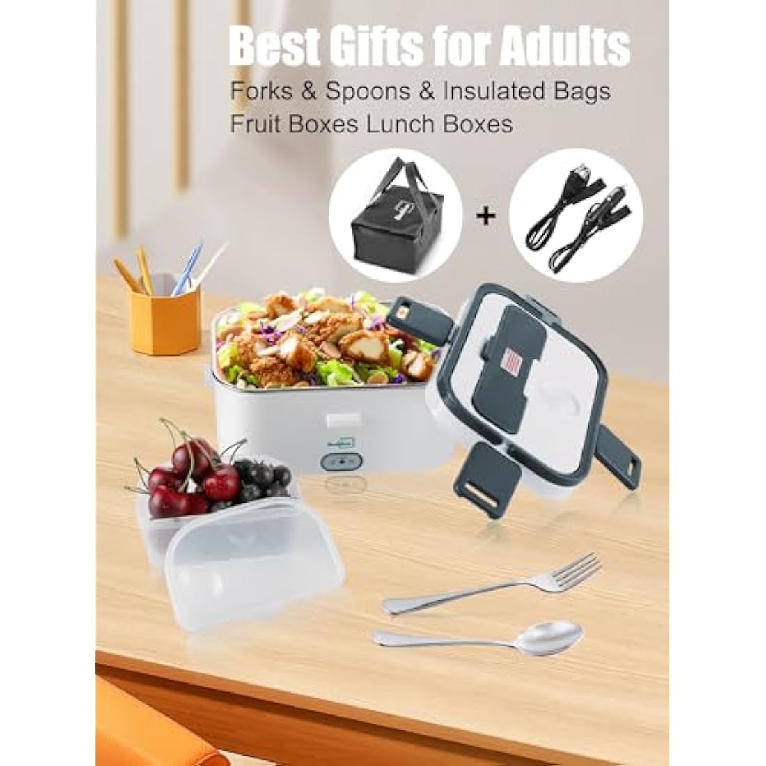 Buddew Electric Lunch Box 80W Food Heater 1.8L Large Capacity Heated Lunch Box 3 in 1 12V/24V/110-230V Portable Lunch Warmer for Car/Truck/Home/Office with Carry Bag and Fork and Spoon (Gray)
