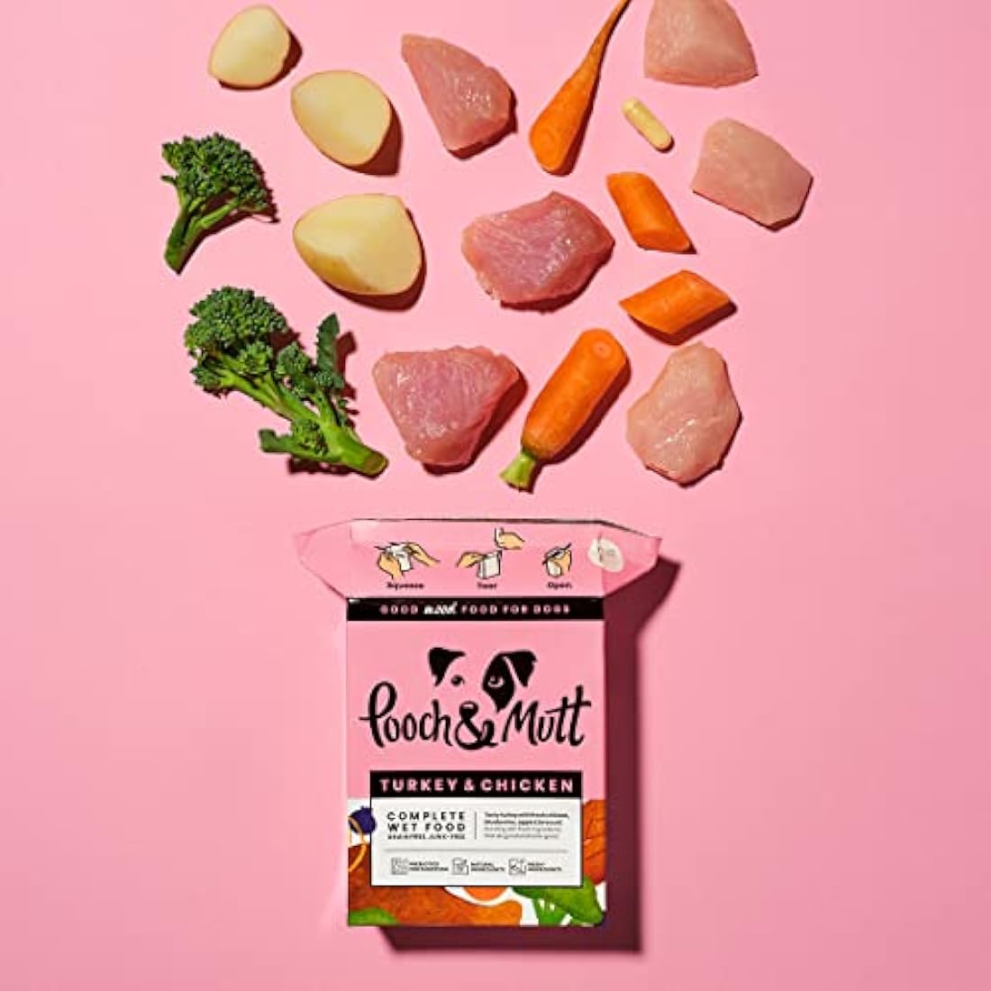 Pooch & Mutt - Turkey & Chicken Pack of Complete Wet Dog Food, Dry Dog Food Topper, 12x375g
