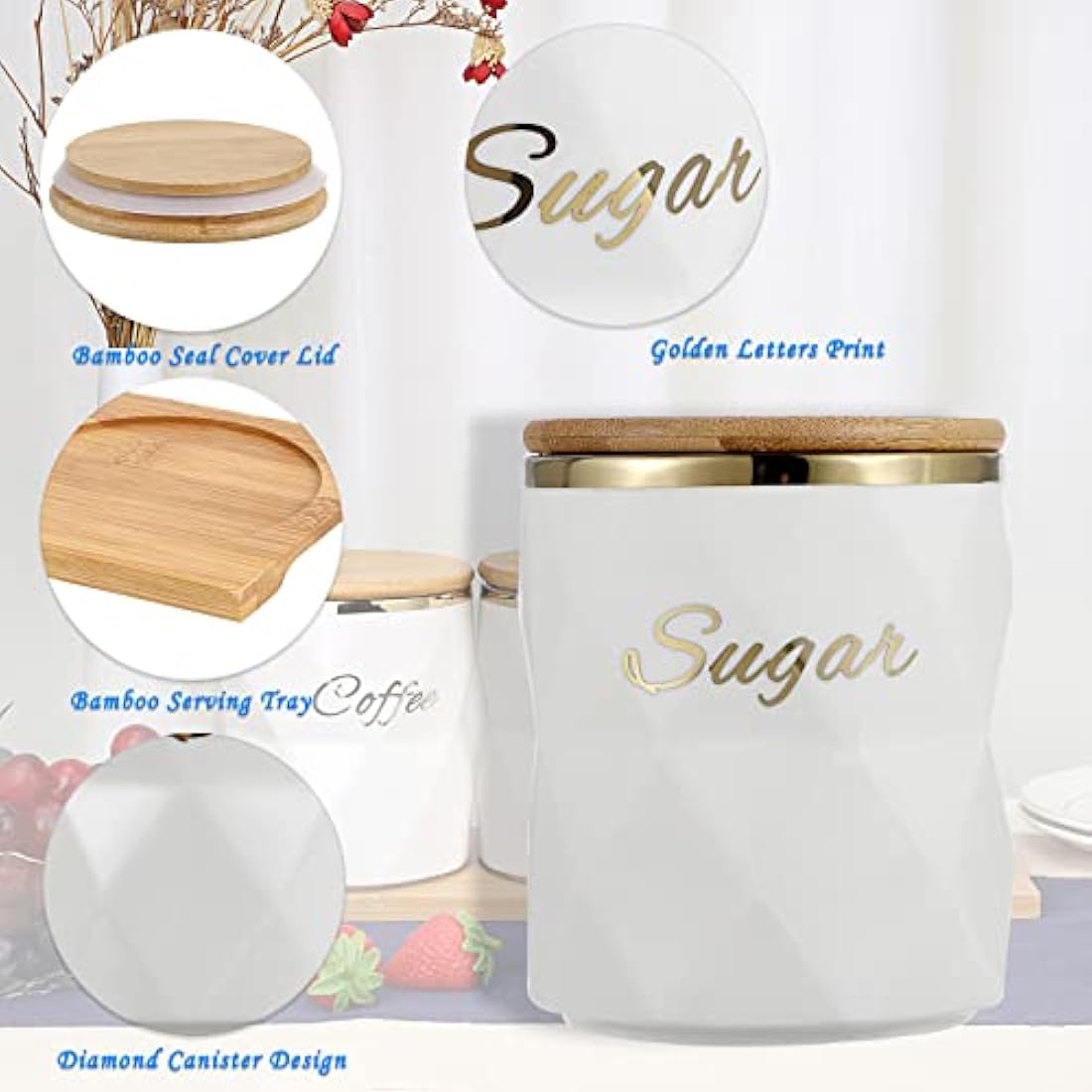 BTSKY White Ceramic Sugar Coffee Tea Canisters with Lid and Tray - Airtight Set of 3 Storage Canisters Food Storage Containers Pots Jars with Bamboo Lid for Kitchen Counter