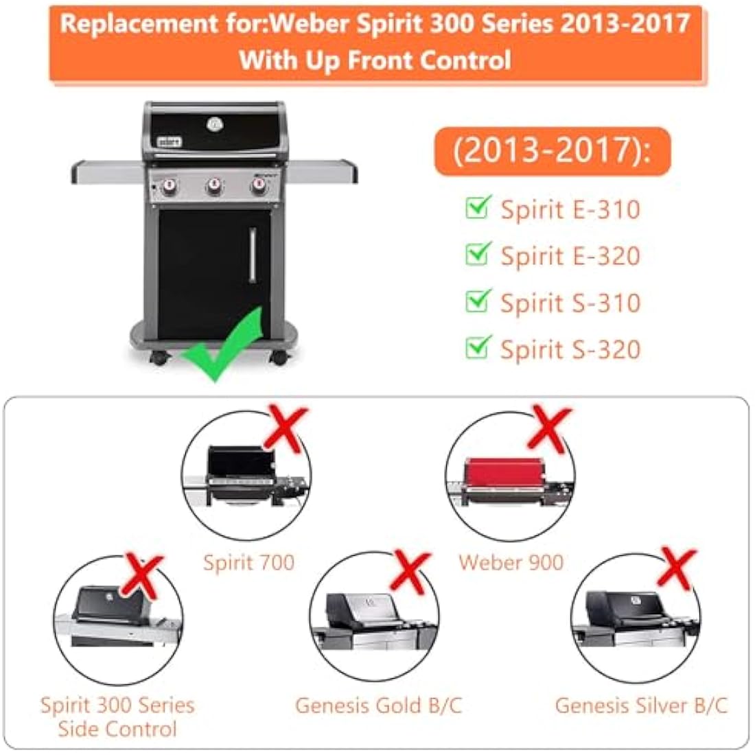 GFTIME 69787 46CM Burner Tube Replacement Part for Weber Spirit E-310 E-320 E-330 S-310 S-320 S-330 (2013 and Newer), Burner Spare Part for Weber Spirit Ⅰ & Ⅱ 300 Series (Up-Front Buttons)