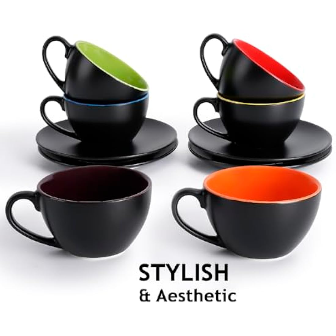MIAMIO - Set of 6, Ceramic Stackable Cappuccino Cups Set / 175 ml Cappuccino Mugs and Saucer with Metal Stand for Coffee Drinks, Cappuccino, Latte, Americano and Tea - Le Papillon Collection (Mixed)
