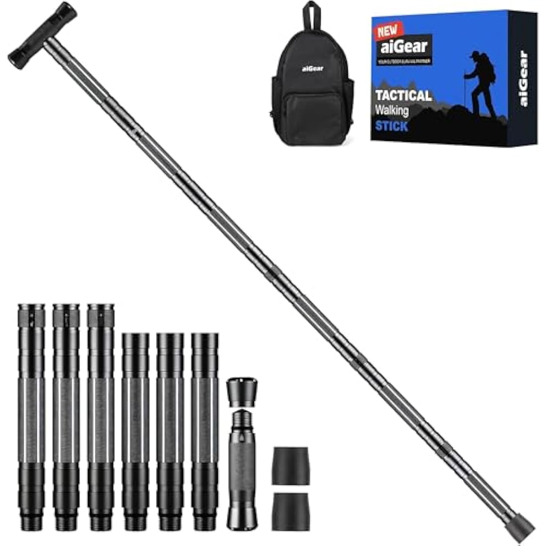 aiGear Tactical Stick/Trekking Poles | Aluminum Hiking Poles with Adjustable Height | 5/6/7/8 Tubes Trekking Poles | for Women Men Backpacking Outdoor Hiking Camping | Black