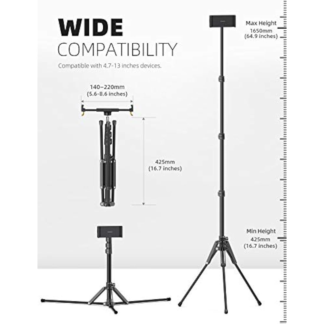 Lamicall iPad Tripod Stand, Tablet Floor Stand 65" ipad Holder Mount with Adjustable Height for Live Stream/Watching, for iPad Pro 12.9/11, Air Mini 6 5 4 3 2, iPhone and 4.7-13" Tablet and Phone