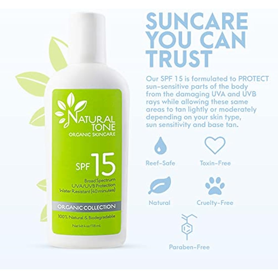 SPF15 Broad Spectrum Natural Sunscreen, Soothing & Hydrating Sunscreen Lotion, Plant-Based Sun Block, Water-Resistant Sun Screen Protector for Face and Body, 118ml - Natural Tone Organic Skincare