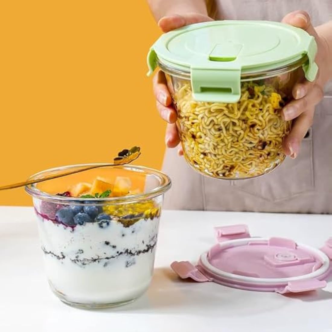 S.ROKE TTAN 710ML Round Glass Soup Storage Containers With Lids, Glass Food Containers With Lids, Round Food Containers for Soup, Lunch, Salad, Leftovers, BPA Free，Freezer， Oven，Dishwasher Safe (4)