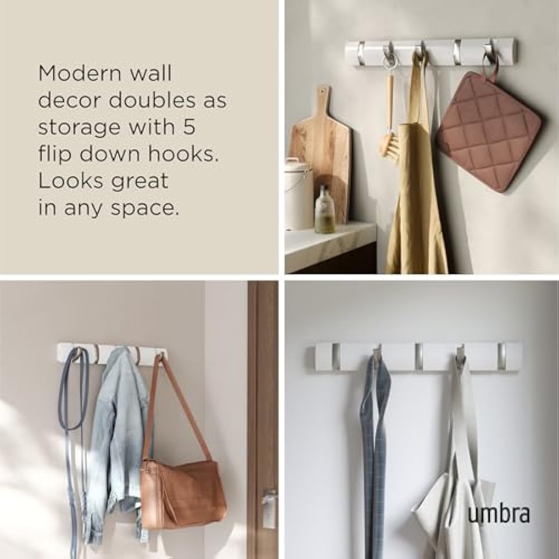Umbra Flip 5-Hook Wall Mounted Coat Rack, Modern, Sleek, Space-Saving Coat Hanger with 5 Retractable Hooks to Hang Coats, Scarfs, Purses and More, White/Nickel