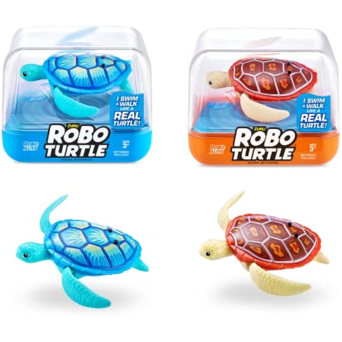 Robo Turtle Robotic Swimming Turtle by ZURU, Swims, Battery Powered, Toy Turtle, bath Toy(2 Pack, Orange & Blue)