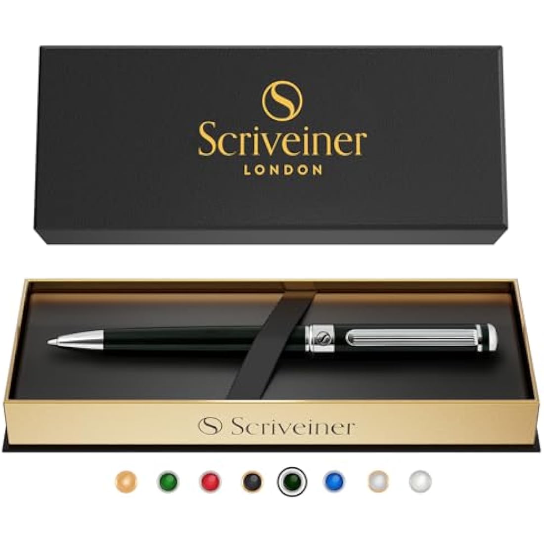 Scriveiner Black Green Ballpoint - BlackGreen Luxury Pen, Chrome Finish, Schmidt Black Refill, Best Ball Pen Gift Set for Men & Women, Professional Executive Office, Nice Designer Pen
