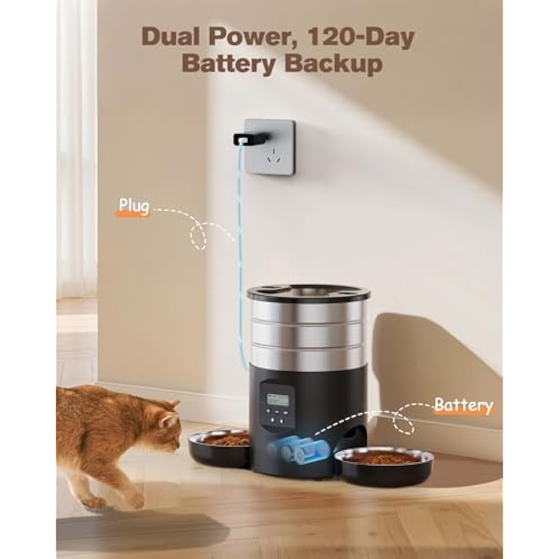 Automatic Cat Feeder For 2 Cats - Stainless Steel Cat Food Dispenser for Fresh Dry Food with Timer - 5L Electric Pet Feeder with Double Bowls Indoor- Auto Small Dog Feeder Dual Power - Button Control