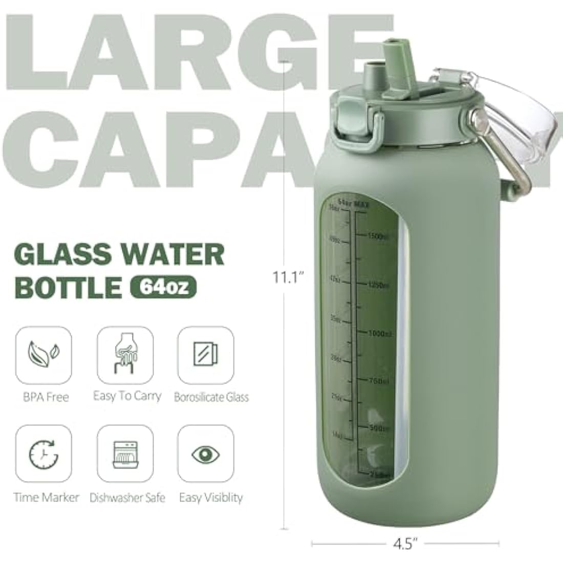 BLUEGO 2000ml Borosilicate Glass Water Bottle with Stainless Handle and Time Marker 2L Drinking Bottle with Silicone Sleeve and Straw for Gym Office Outdoor Sports Water Bottles BPA Free, Oliver
