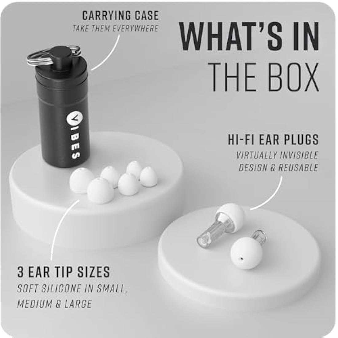 Vibes High Fidelity Earplugs – Comfortable and Reusable Hearing Protection for Concerts and Live Music, Virtually Invisible Design with Travel Case