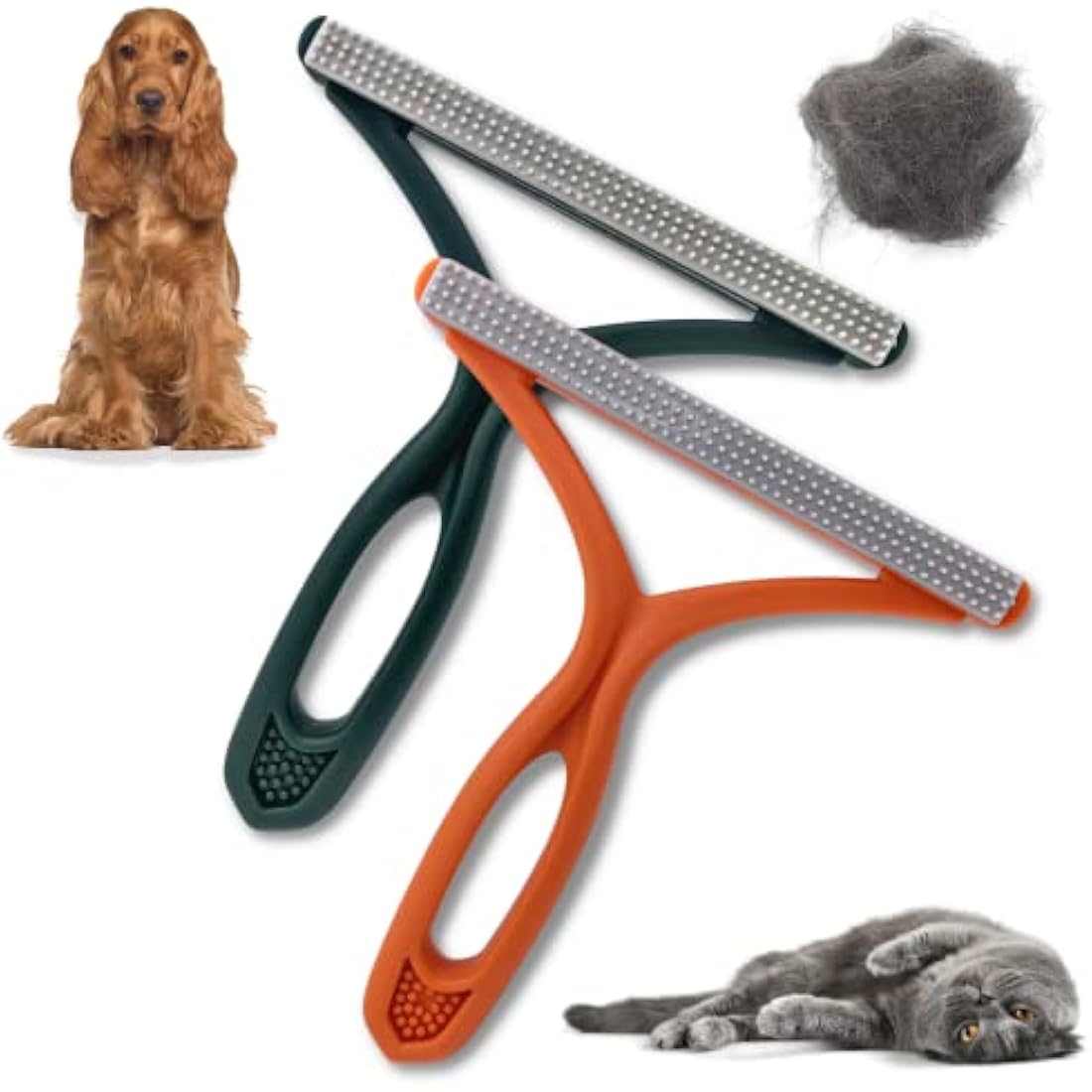 PawsOnly | Pet Hair Remover for Carpet, Furniture, Car, Sofa, Stairs, Clothes | Dog & Cat Fur Scraper Tool | Double Sided Plastic Brush | Reusable & Portable | Handheld Fluff Rake (Orange + Green)