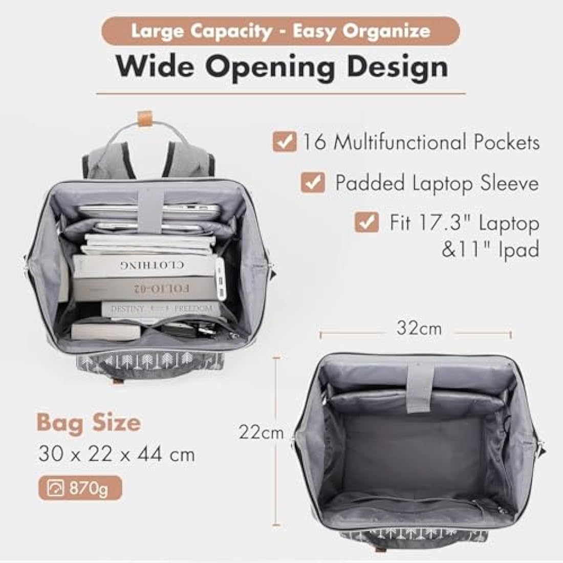 Lekesky Backpack Womens Travel Backpack Extra Large Rucksack Bag for Women Men,17.3" Backpack,Grey