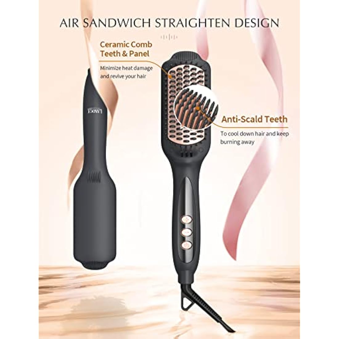 LANDOT Hair Straightener Brush Heated Straightening Brush: Negative Ion Ceramic Hot Hair Brush Straightener for Smooth Frizz-Free Hair
