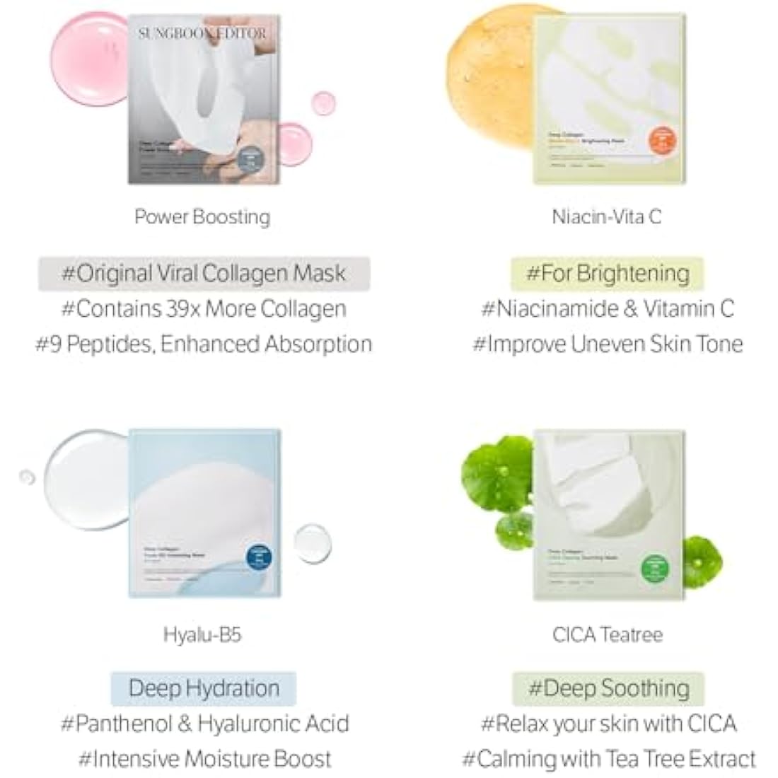 SUNGBOON EDITOR Deep Collagen CICA Tea tree Overnight Mask 37gx4ea | Real Collagen Face Mask with Tea tree & Centella | Acne Face Mask for Calming & Soothing | Korean Skin Care