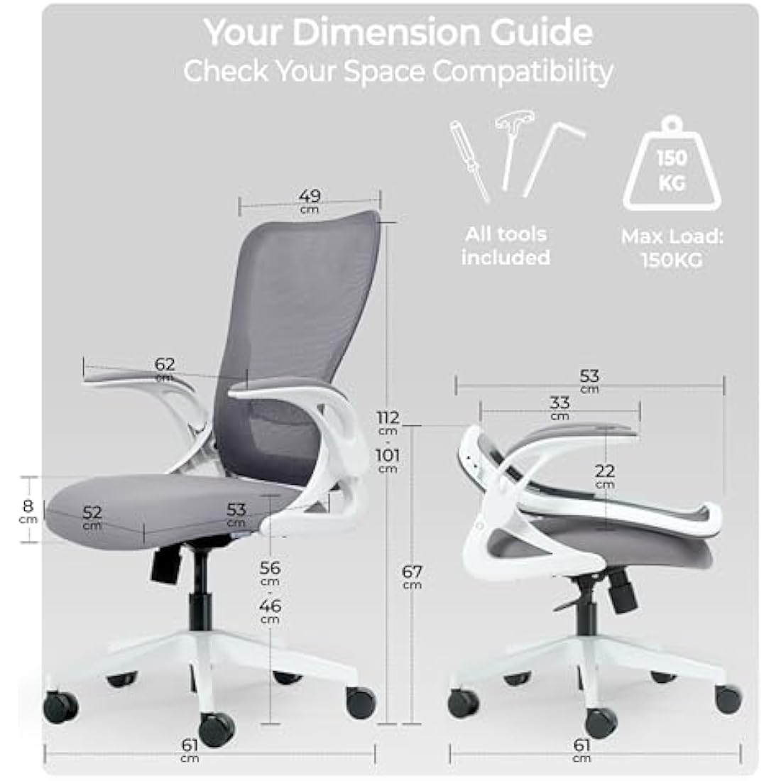 Tervo Model U | Folding Office Chair for Small Spaces | Ergonomic Design with High Rebound Mesh | Computer Desk Chair for Gaming | For Adults & Kids | Foldable & Compact with Flip Up Arms