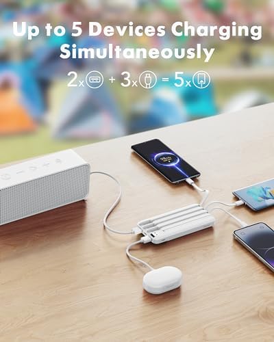 Charmast Power Bank, 20,000mAh Built-in 4 Cables Portable Charger, 20W Fast Charging Battery Pack with 4 Potrs, USB-C Powerbank for iPhone 16/15 Series, iPad, Android Phone, and mor (White)