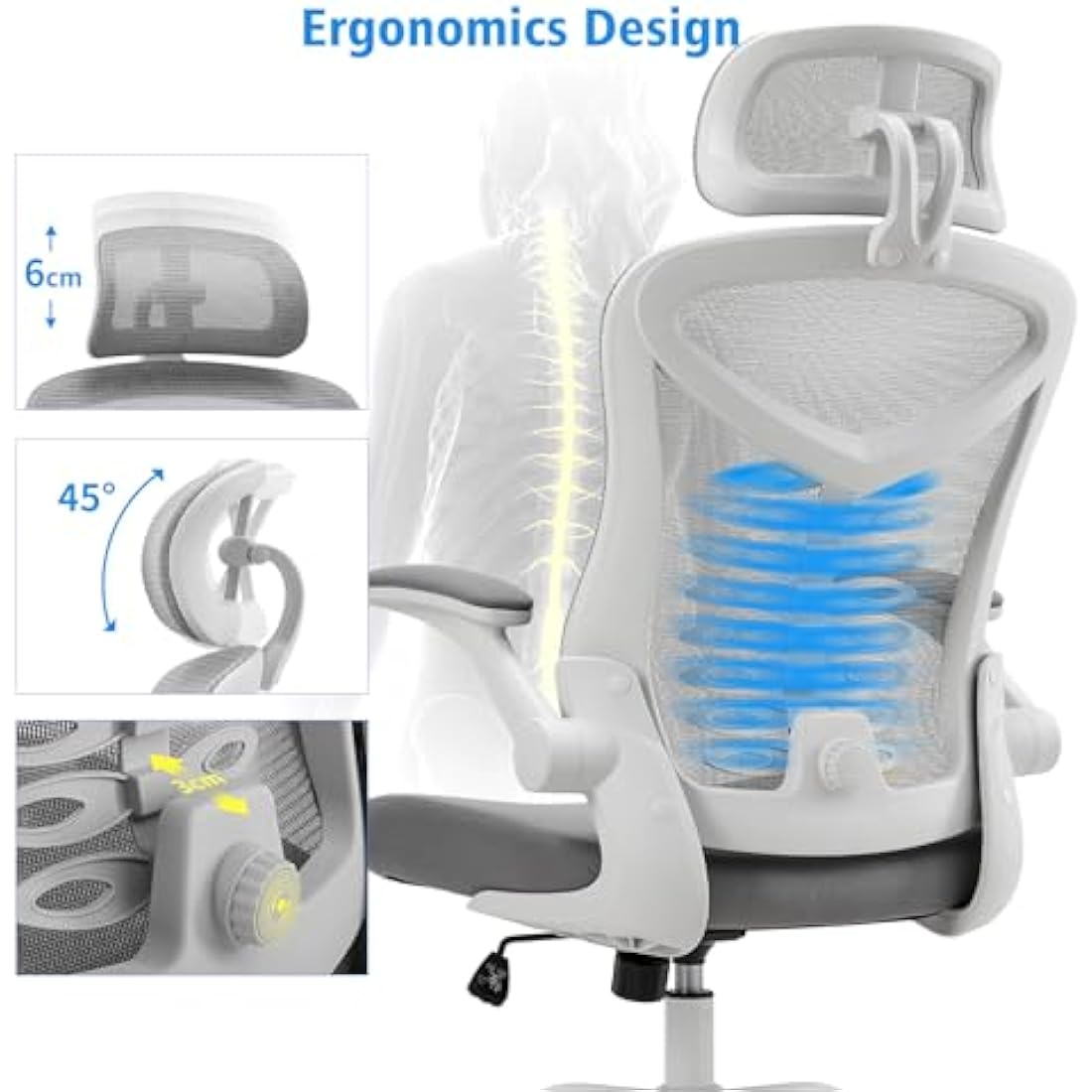 Magic Life Office Chair, Adjustable Desk Chair with Flip-up Armrest, Rebound Seat Cushion, Breathable Mesh High Back, Comfortable Lumbar Support, Movable Headrest 360° Rotation, White