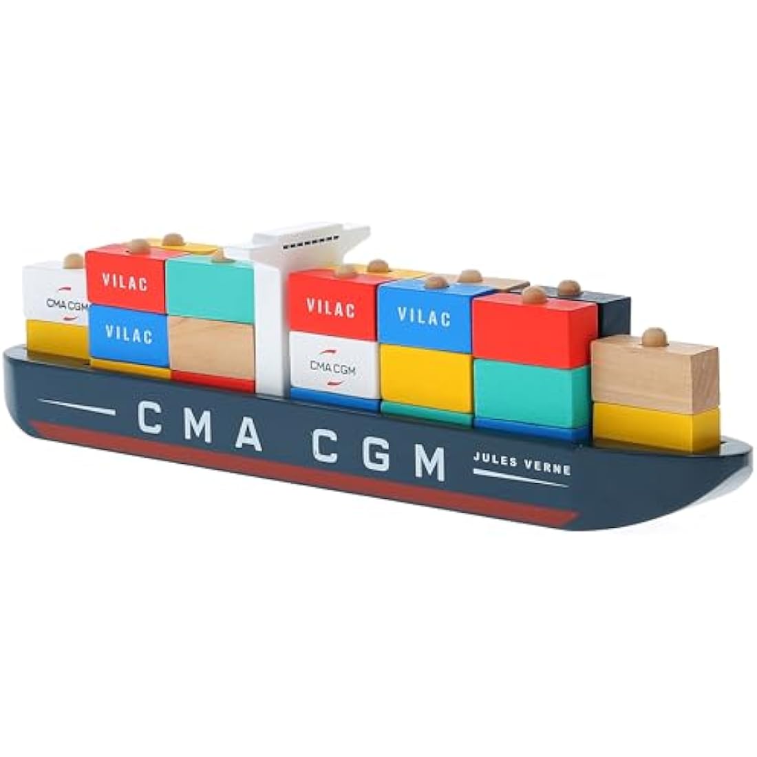 Vilac Wooden Jules Verne Container Ship, Traditional Stacking Container Ship, Imaginative Play, 40 x 10 x 6.5 cm, for 3 Years+