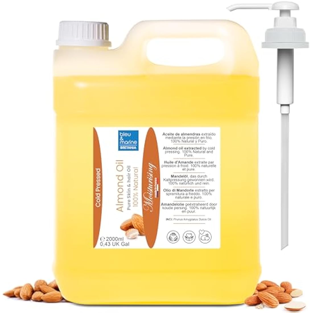 Pure Cold Pressed Sweet Almond Oil, Vegetable Massage Oil, Body & Face Oil, Hair Moisturiser, Baby Skin Softener, Anti Stretch Marks, Natural Breast Firming, 2000 ml 70.39fl oz