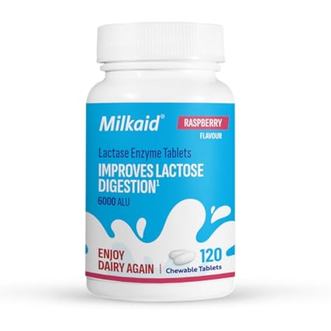 Milkaid Lactase Enzyme Chewable Tablets for Lactose Intolerance Relief, Prevents Gas, Bloating & Diarrhoea, Gluten Free & Vegan, Rasberry, 120 Count