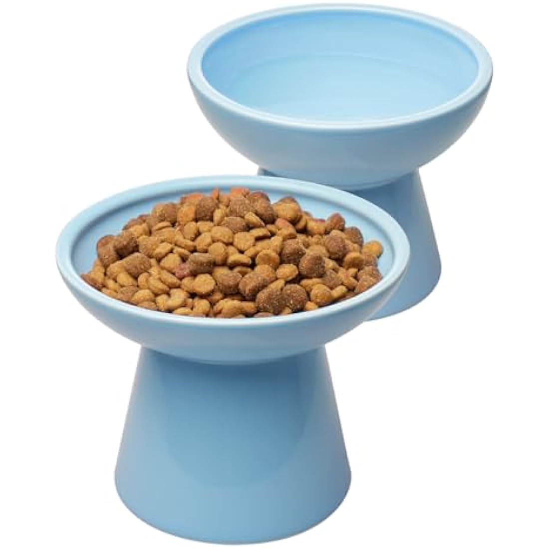 CEEFU 2 Extra Wide Elevated Cat Food Bowl, Ceramic Cat Bowls for Food and Water, Wide Shallow Cat Food Dish, Whisker Fatigue, Lead & Cadmium Free, Great Height for Cat, Blue
