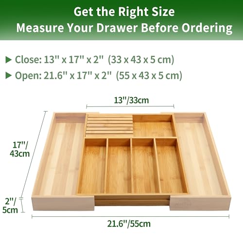VaeFae Bamboo Cutlery Organiser for Kitchen, Wooden Utensil Drawer Organiser, Expandable Cutlery Tray and Utensil Holder
