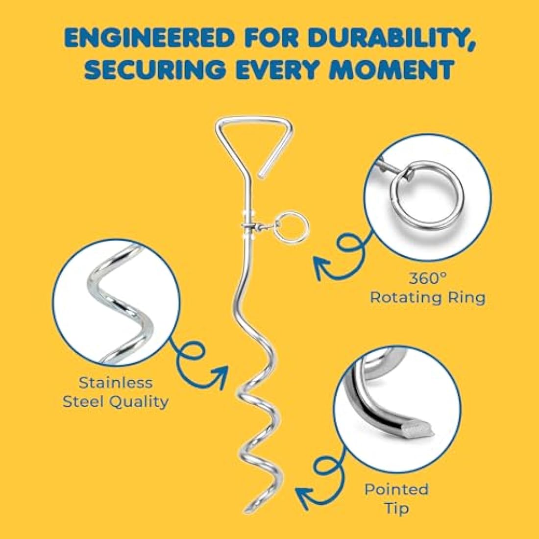 SunGrow Heavy-Duty Steel Dog Tie-Out Cable and Stake, Spiral Ground Anchor Spike with 360° Rotating Ring, Dog Tether Travel Accessories, Outdoor Yard Camping Accessories for Dogs up to 80 Pounds
