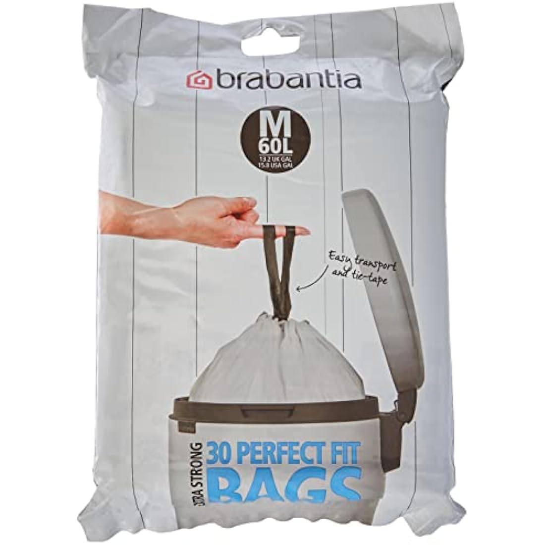 Brabantia PerfectFit Bin Liners (Size M/60 Litre) High Quality Thick Plastic Trash Bags with Tie Tape Drawstring Handles (30 Bags), White