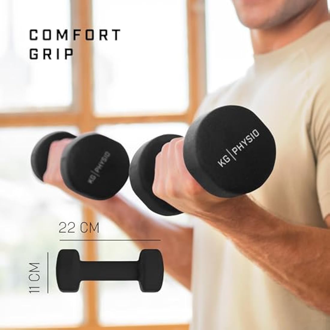 KG Physio Weights Dumbbells Set Women & Men - Neoprene-Coated & Sweat-Resistant Weights Set with Anti-Roll Technology & A3 Exercise Poster, Gym Equipment for Home, 1-10 kg Dumb Bells Pair